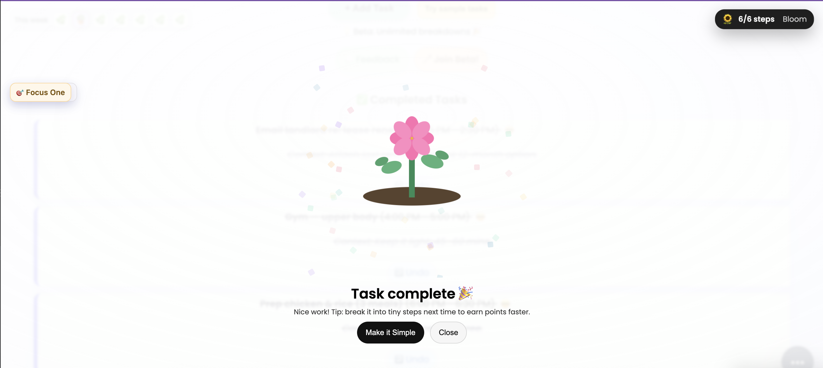 Task completion celebration with sprouting flower