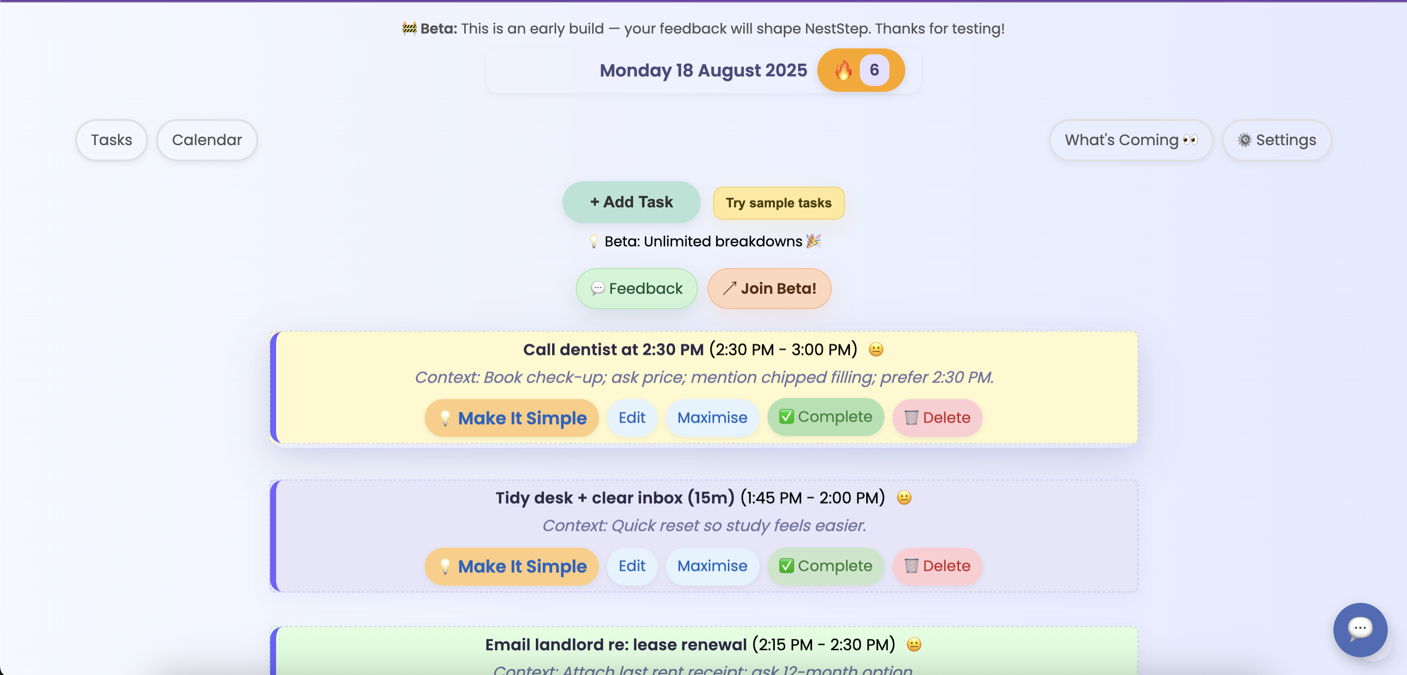 Task list with Make It Simple actions